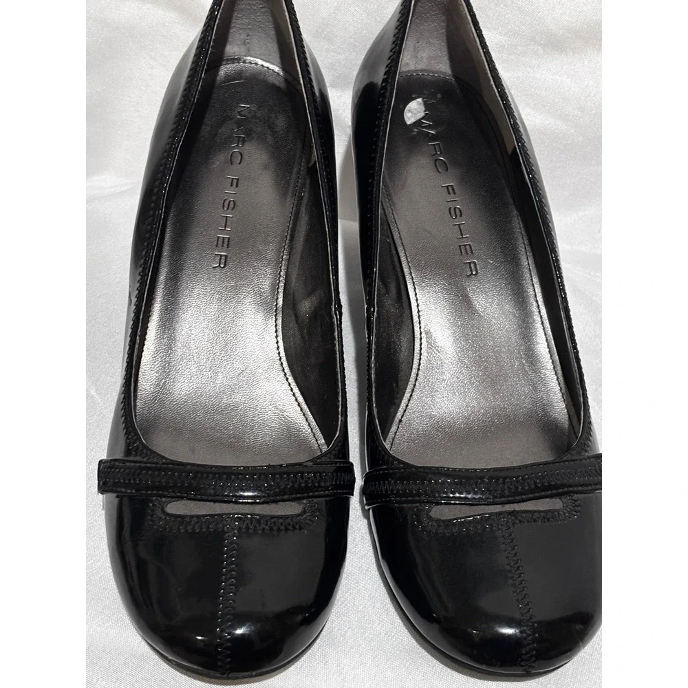 Marc Fisher Black Patent Round Toe Cone Heel Pumps Women 10M minimalist comfort